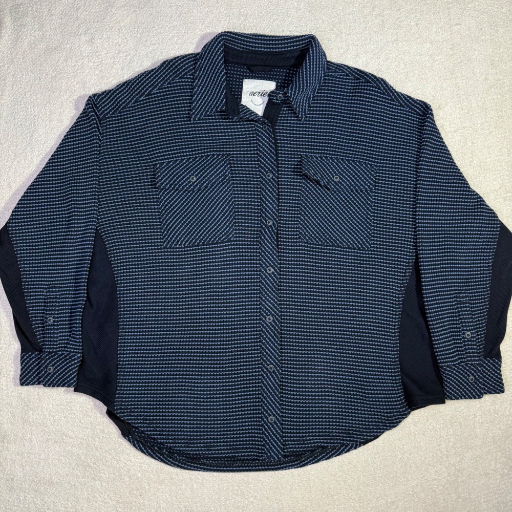 Aerie Lumberjane Waffle Knit Button Up Shirt Blue Thermal Oversized Size Small